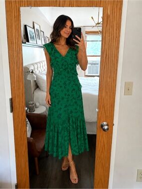NWT Few Moda Green Floral V-Neck Ruffle Midi Dress Size Small